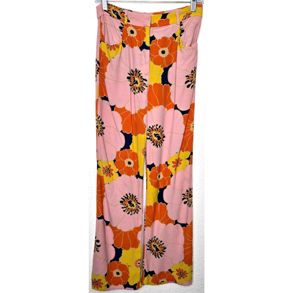 Zara Womens Pants Small Orange Pink Floral Flared Leg High Rise Retro BLOG FAVE - Picture 1 of 16
